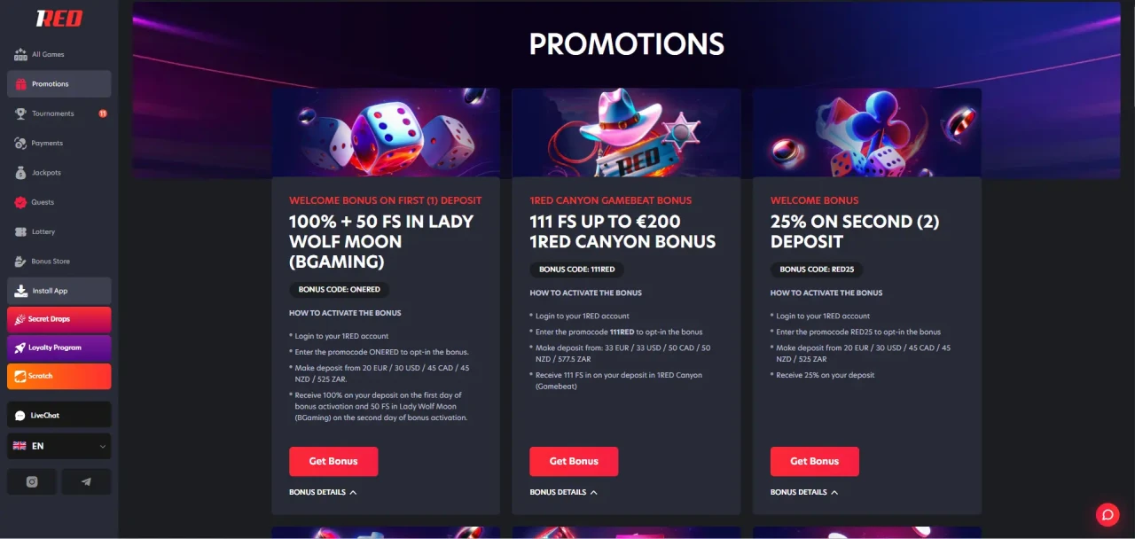 Bonuses at 1Red Casino Not On Gamstop