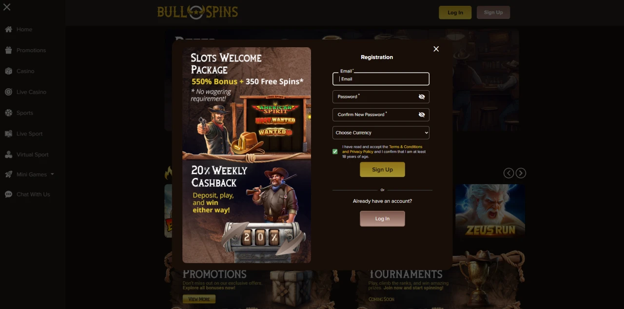 Bullspins Sign Up Form