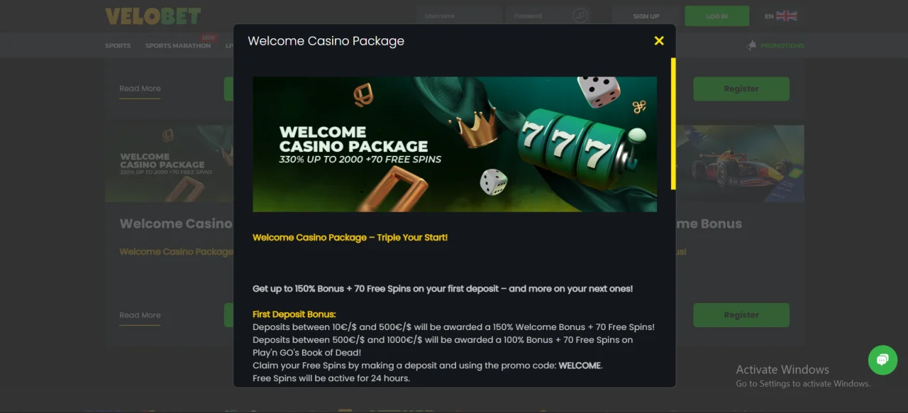 Velobet Non Gamstop Casino - Welcome Casino  Package