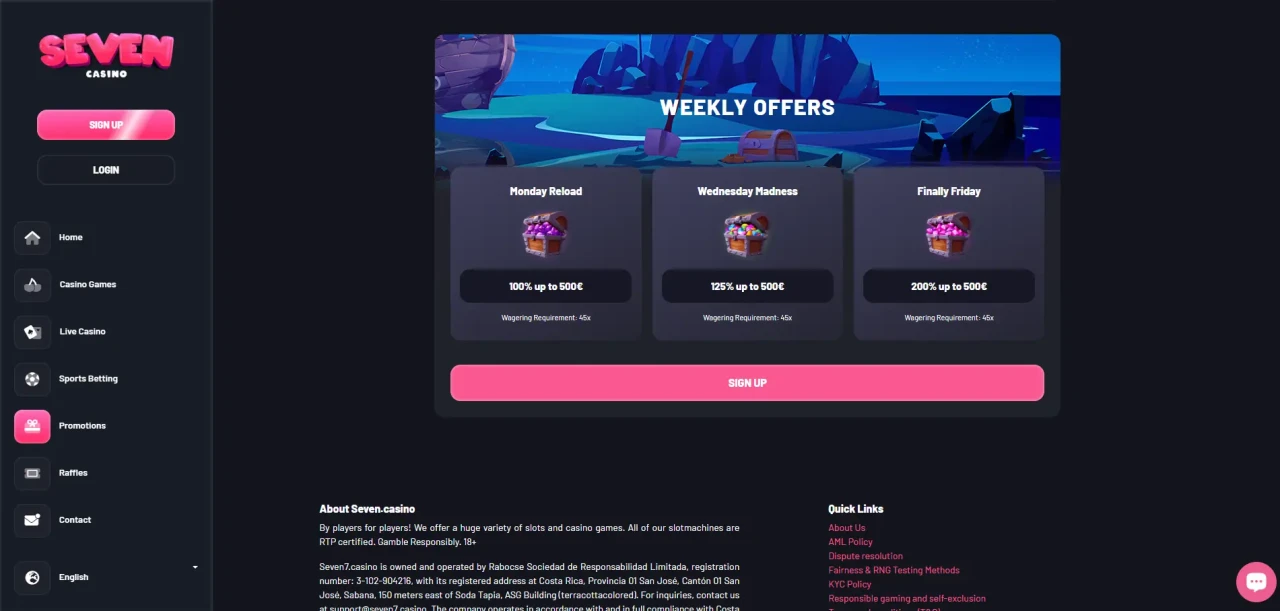 Weekly Bonuses at Seven Casino Not On Gamstop